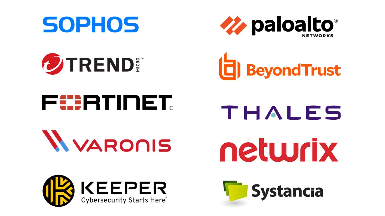 Partenaires cybersécurité : Sophos, Trend Micro, Palo Alto, Beyond Trust, Fortinet, Thales, Varonis, Netwrix, Keeper, Systancia